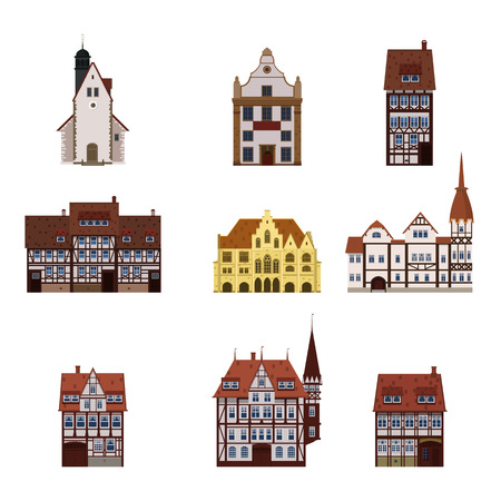 Set of old buildings houses, facades, Europe, medieval traditions. Different architectural styles. Vector illustration isolated on white backgroundのイラスト素材