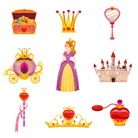 Set Princess World elements and attributes of design. Castle, mirror, carriage, a magic wand, treasure chest, perfume, crown. Vector, illustration, cartoon style, isolatedのイラスト素材