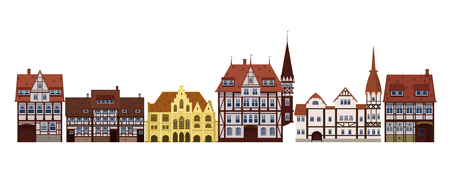 Set of old buildings houses, facades, Europe, medieval traditions. Different architectural styles. Template, baner. Vector illustration isolated on white backgroundのイラスト素材