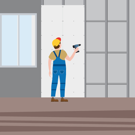 Professional worker man installing gypsum plasterboard panels with a screwdriver in the interior. Vector illustration, isolated. Construction industry, repair, new home, building interiorのイラスト素材