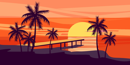 Summer holiday season. Tropical exotic beach sunset ocean sea. Silhouettes of palm trees, jetty, sun. Vector, illustration, isolated, poster, banner, invitationのイラスト素材