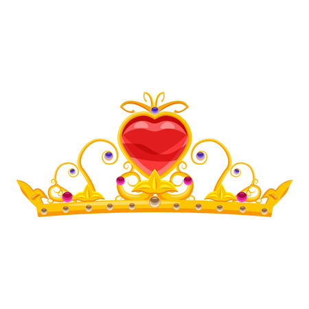 Princess Diadem with diamonds and precious stones, gold, crown, heart, fairy tale, attribute for beauty, cartoon style, vector, illustration, isolated on white backgroundのイラスト素材