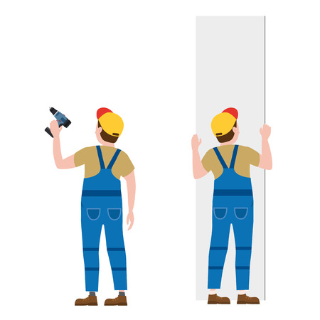 Workers, with a screwdriver, installing gypsum plasterboard panels. Vector illustration, isolated. Construction industry, repair, new home, building interiorのイラスト素材