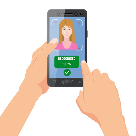 Face recognition. Identification of a biometric person, personality through the intellectual recognition system of a human face, womanのイラスト素材