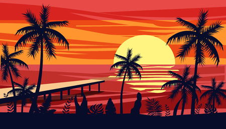 Summer holiday season. Tropical exotic beach sunset ocean sea. Silhouettes of palm trees, jetty, sun. Vector, illustration, isolated, poster, banner, invitationのイラスト素材