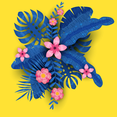 Summer trendy template exotic plants and hibiscus flowers tropical backgroundのイラスト素材