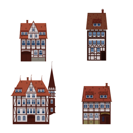 Set of old buildings houses, facades, Europe, medieval traditions. Different architectural styles. Vector illustration isolated on white backgroundのイラスト素材