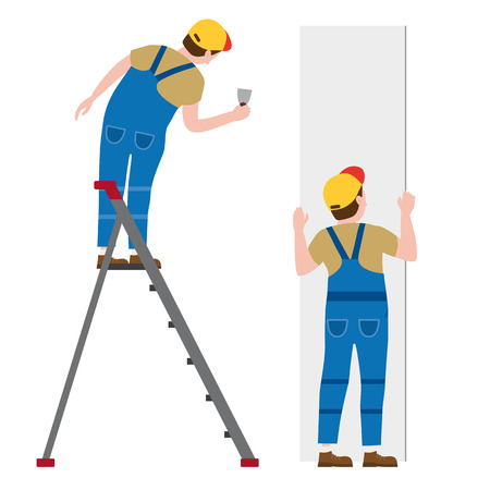 Workers put plaster on a stepladder, installing gypsum plasterboard panels. Vector illustration, isolated. Construction industry, repair, new home, building interiorのイラスト素材