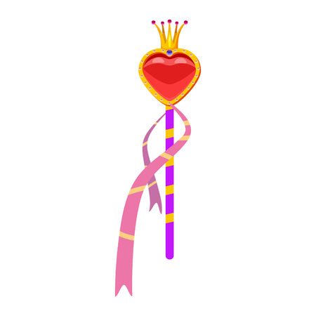 Magic wand. Magic accessory in the shape of a heart, decorated with diamonds, a crown, precious stones. Vector, illustration, cartoon style, isolatedのイラスト素材