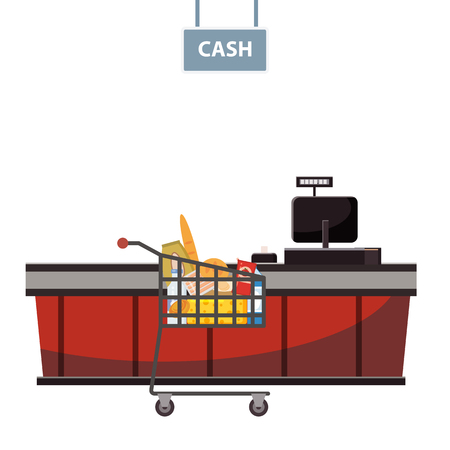 Cashier counter in the supermarket, shop, store with grocery cart full of groceries. Vector, illustration, cartoon style, isolatedのイラスト素材