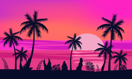 Summer holiday season. Tropical exotic beach sunset ocean sea. Silhouettes of palm trees, jetty, sun. Vector, illustration, isolated, poster, banner, invitation