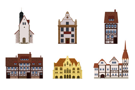 Set of old buildings houses, facades, Europe, medieval traditionsのイラスト素材