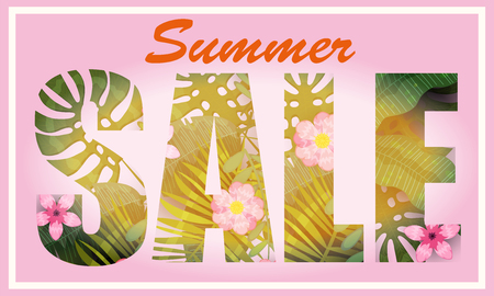 Summer Sale trendy tropical leaves and flowersのイラスト素材