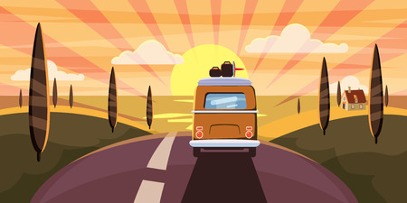 Sunset Van camper, bus on the road goes to the sea for a summer vacationのイラスト素材