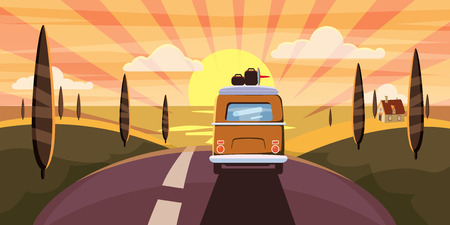 Sunset Van camper, bus on the road goes to the sea for a summer vacation