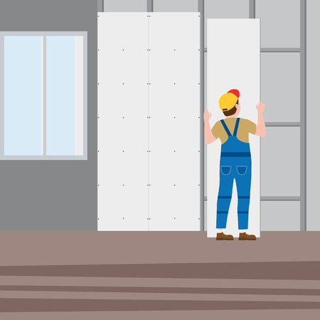 Professional worker man installing gypsum plasterboard panels in the interiorのイラスト素材