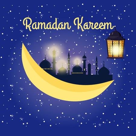 Ramadan kareem background, illustration with arabic lanterns and golden crescent, on starry background. Vector, isolatedのイラスト素材