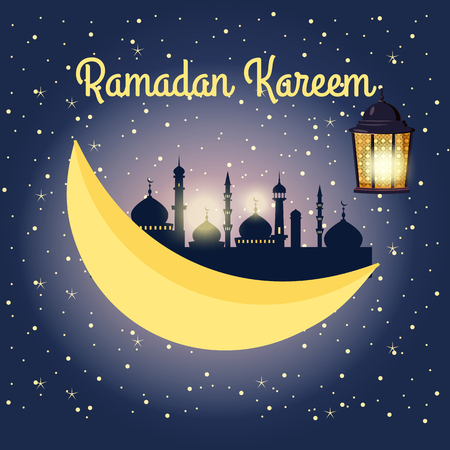 Ramadan kareem background, illustration with arabic lanterns and golden crescent, on starry background. Vector, isolatedのイラスト素材