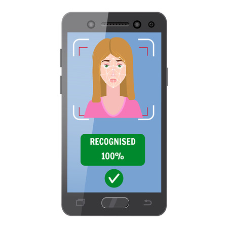 Face recognition. Identification of a biometric person, personality through the intellectual recognition system of a human face, womanのイラスト素材