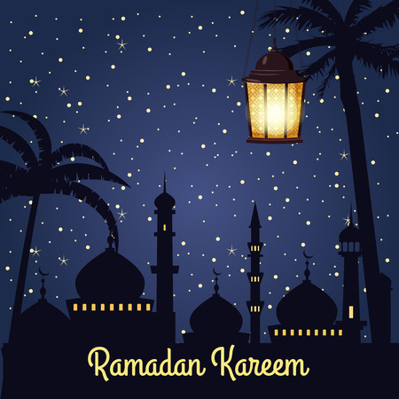 Ramadan Kareem holiday islam, mosques, minarets, illustrations with arabic lanterns and the golden crescent, starry sky. Vector isolatedのイラスト素材