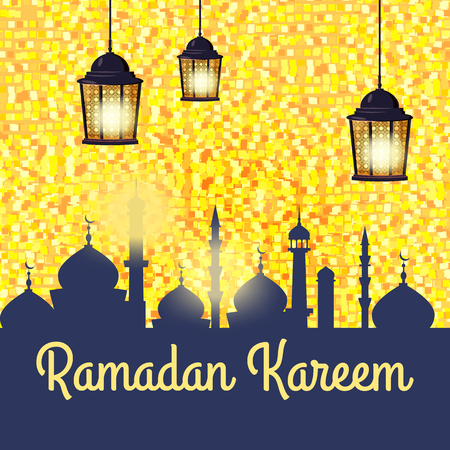 Ramadan kareem background, illustration with arabic lanterns and golden crescent, on background gold glitter. Vector, isolatedのイラスト素材