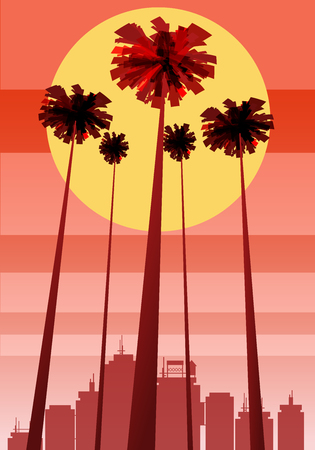 Summer beatiful sunset backgrounds with palms trees cityscape, sky horisonのイラスト素材