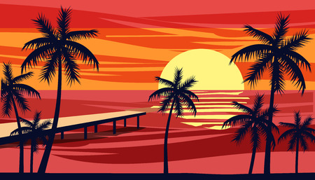 Summer holiday season. Tropical exotic beach sunset ocean sea. Silhouettes of palm trees, jetty, sun. Vector, illustration, isolated, poster, banner, invitationのイラスト素材