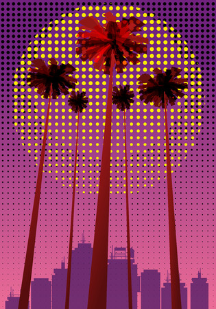 Summer beatiful sunset backgrounds with palms trees cityscape, sky horisonのイラスト素材