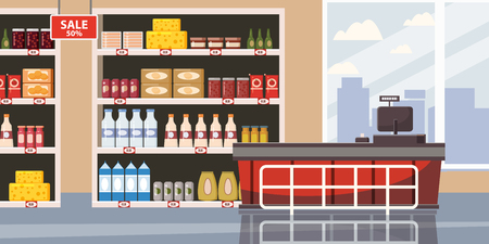 Supermarket or store interior with shelves and goods, groceries, cash desk. Big shopping center. Vector, illustration, isolated, cartoon styleのイラスト素材