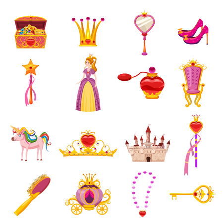Set Princess World elements and attributes of design. Castle, mirror, throne, carriage, shoes, hairbrush, magic wand, treasure chest, tiara, perfume, key, crown.  cartoon style, isolatedのイラスト素材
