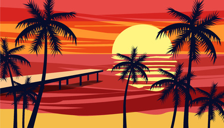Summer holiday season. Tropical exotic beach sunset ocean sea. Silhouettes of palm trees, jetty, sun.のイラスト素材