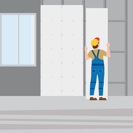 Workers installing gypsum plasterboard panels. Vector illustration, isolated. Construction industry, repair, new home, building interiorのイラスト素材