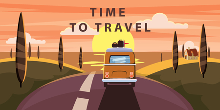 Time to travel. Sunset Van camper, bus on the road goes to the sea for a summer vacation. Holiday season vacation at sea. Travel leisure background. Template banner advertising, retro, vintage.のイラスト素材