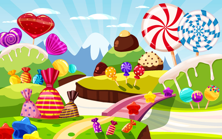 Sweet candy world fairy landscape, panorama. Sweets, candies caramelのイラスト素材