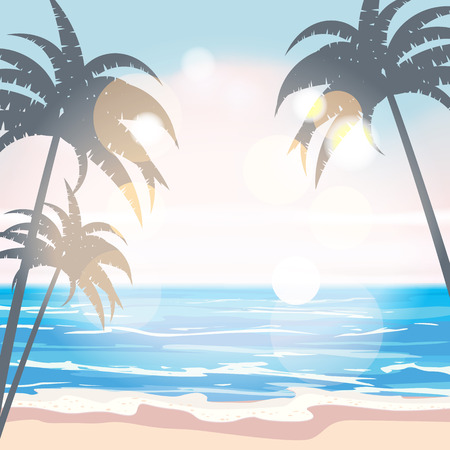 Summer tropical background template with exotic palm leaves and plantsのイラスト素材