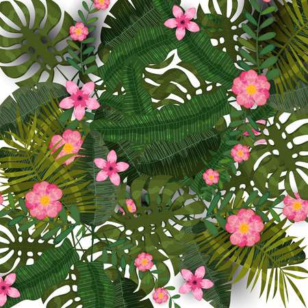 Summer exotic plants and hibiscus flowers tropical background templateのイラスト素材
