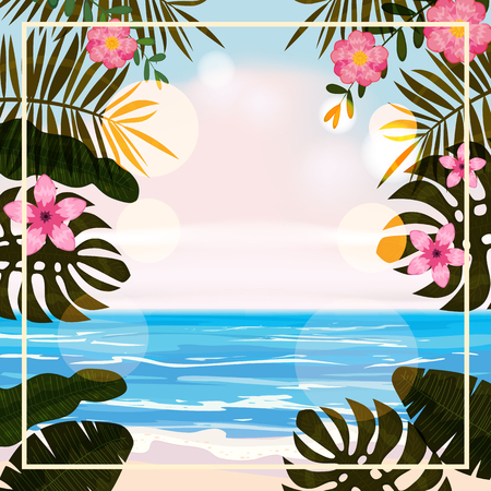 Summer tropical background template with exotic palm leaves and plantsのイラスト素材