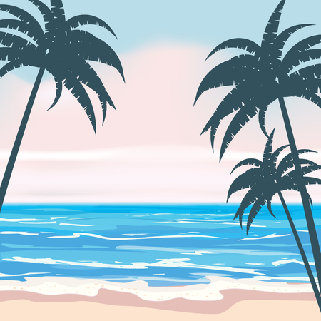 Summer tropical background template with exotic palm leaves and plantsのイラスト素材