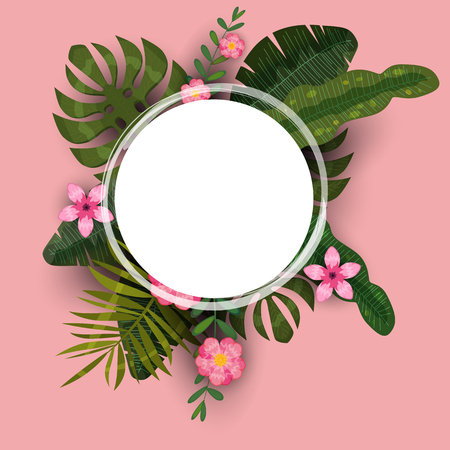 Summer tropical background template of exotic plants and hibiscus flowersのイラスト素材