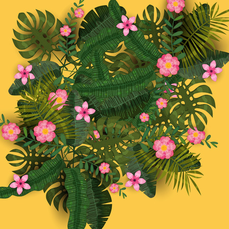 Summer exotic plants and hibiscus flowers tropical background templateのイラスト素材