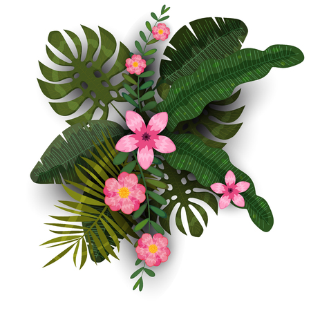 Summer trendy template exotic plants and hibiscus flowers tropical backgroundのイラスト素材