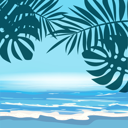 Summer tropical background template with exotic palm leaves and plantsのイラスト素材