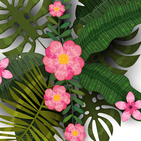 Summer tropical background template of exotic plants and hibiscus flowersのイラスト素材