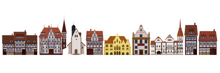 Set of old buildings houses, facades, Europe, medieval traditions. Different architectural styles. Template, baner.のイラスト素材