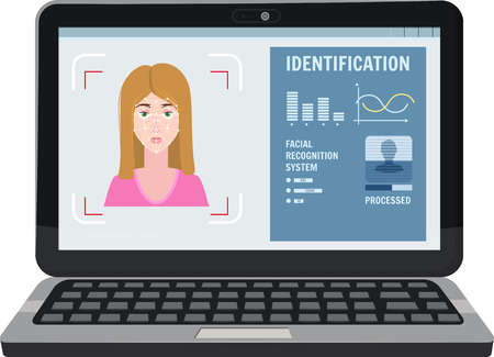 Face recognition. Identification of a biometric person, personality through the intellectual recognition system of a human face, woman. A laptop, a computer scans the face of a person, forming a polygonal mesh, a frame consisting of lines and points.のイラスト素材