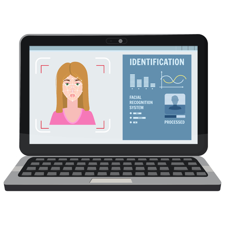 Face recognition. Identification of a biometric person, personality through the intellectual recognition system of a human face, womanのイラスト素材