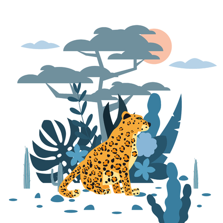 Cute leopard, plant and tree background, graphic trend style, animal predator mammal, jungle. Vector, illustration, isolated cartoon styleのイラスト素材
