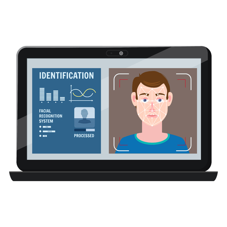 Face recognition. Identification of a biometric person, personality through the intellectual recognition system of a human face, manのイラスト素材