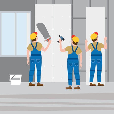 Workers put plaster, installing gypsum plasterboard panels in the interior. Vector illustration, isolated. Construction industry, repair, new home, building interiorのイラスト素材