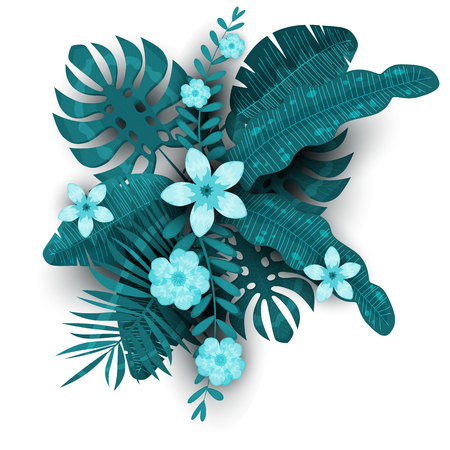 Summer trendy template exotic plants and hibiscus flowers tropical background. Trend pattern jungle. Vector, illustration, isolated, poster, banner, flyer, invitationのイラスト素材